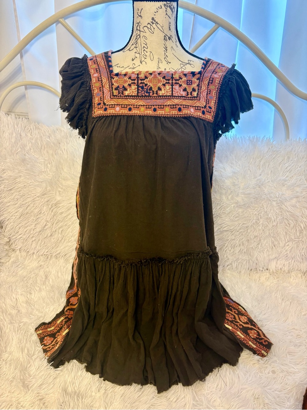 Rare Free People “Day Glow”Embroidered Square-Neck Brown Boho Tunic
